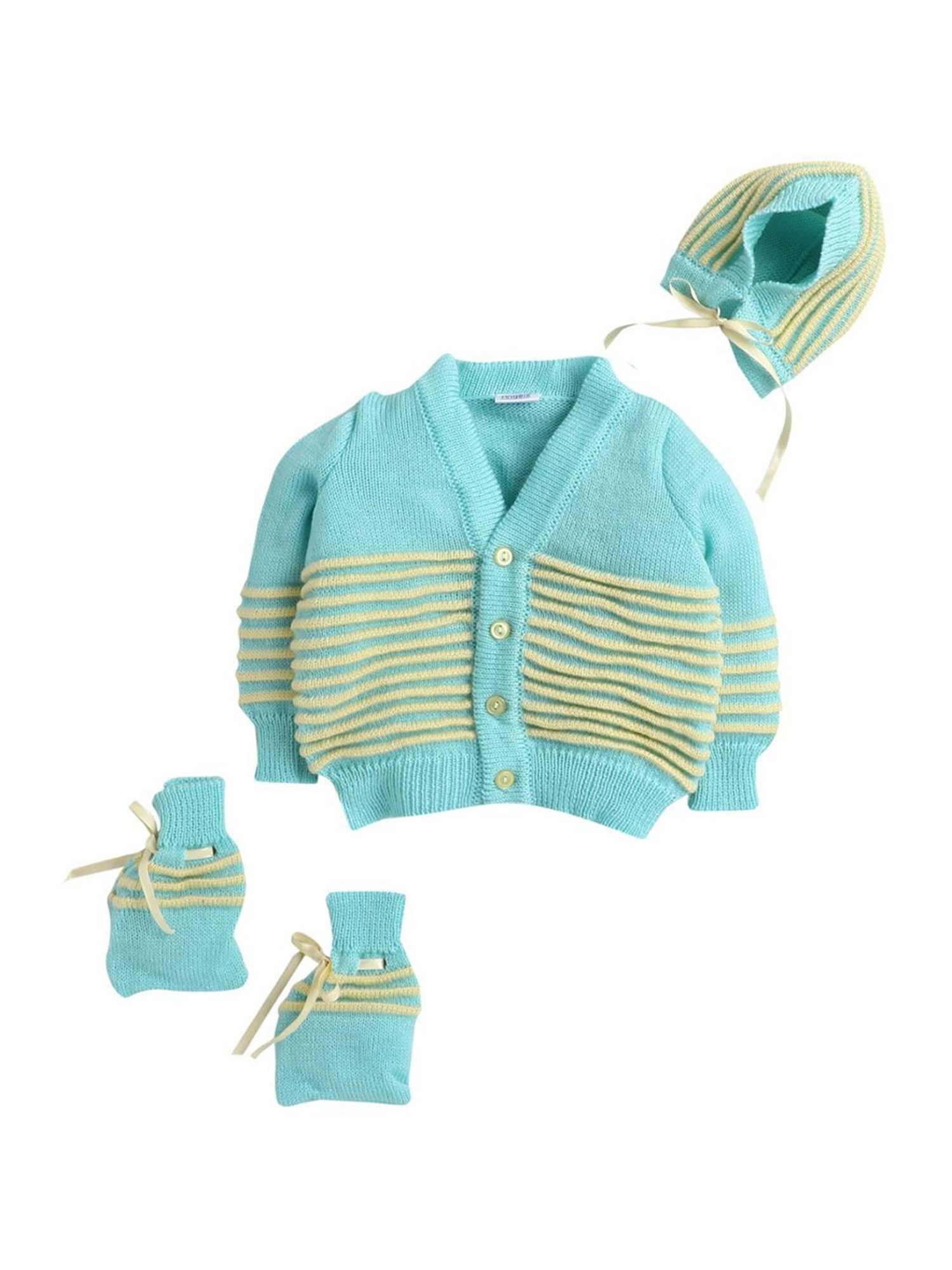 Little Angels Kids Green & Yellow Striped Full Sleeves Sweater Set