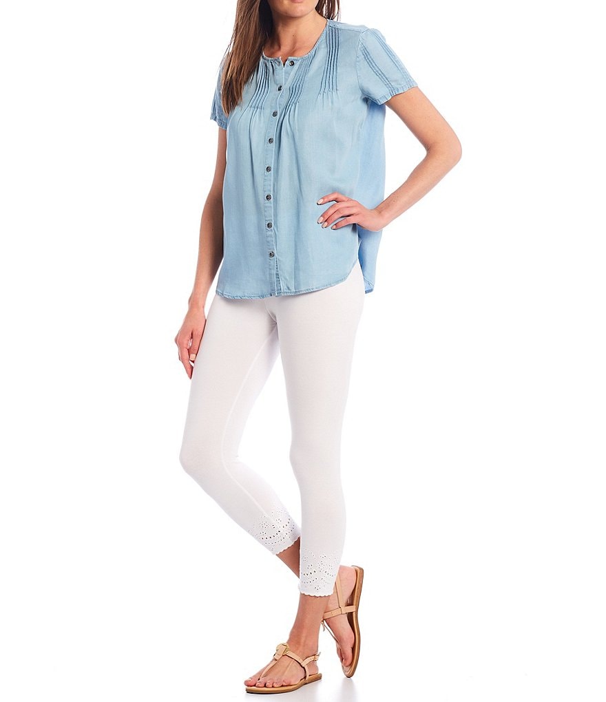 Intro Petite Size Knit Twill Pull-On Chiffli Lace Hem Detail Ankle Leggings