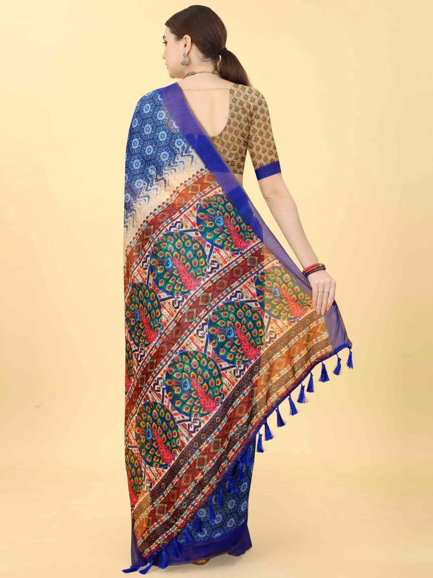 Silk Land Blue Printed Saree With Unstitched Blouse