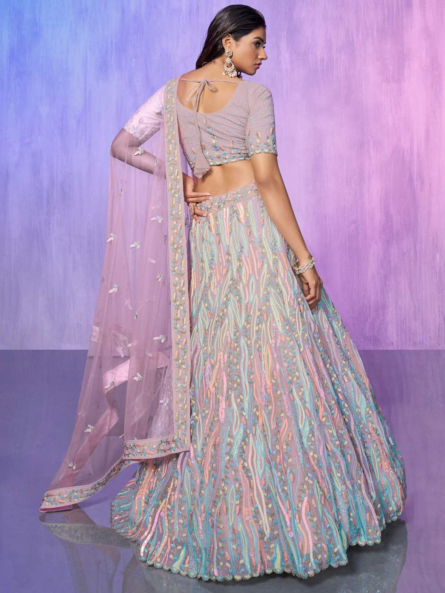 Odette Purple Embroidered Semi Stitched Lehenga Blouse Set With Dupatta