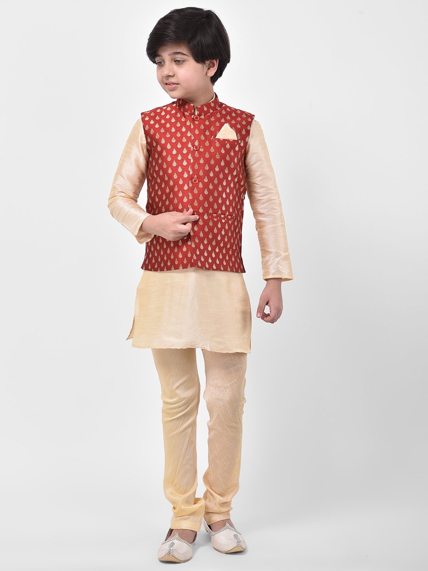 Deyann Kids Red Embroidered Nehru Jacket