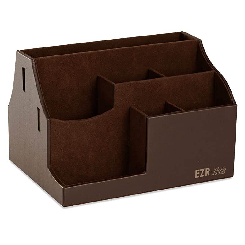 AllinOne Remote Control Holder Caddy Organizer Brown Leather Also Holds Phones Tablets Books Glasses 8 compartments up to 14 remotes