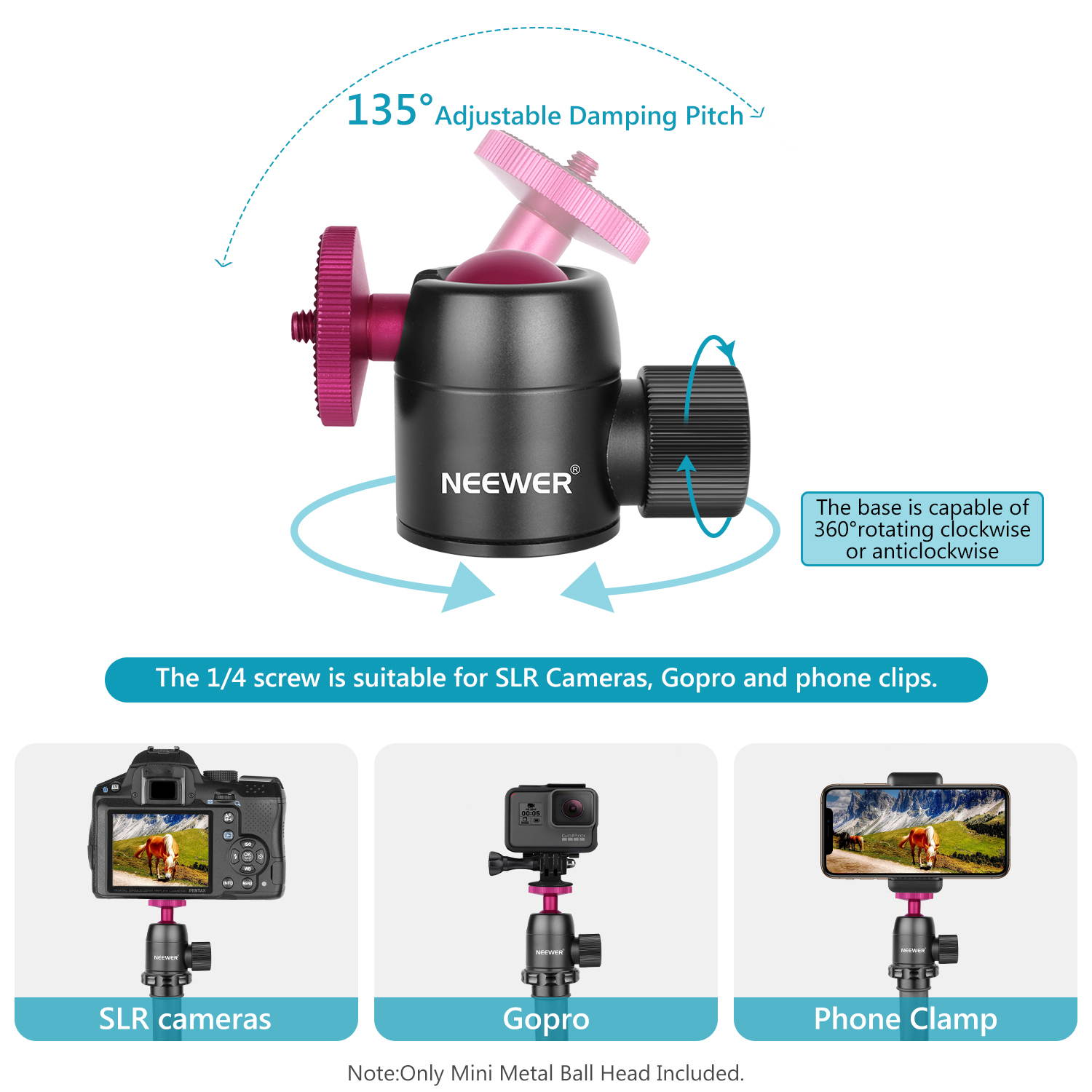 Neewer Camera Tripod Ball Head 360 Degree Pan 90 Degree Tilt Rotating Panoramic Ballhead with 1/4 inch Screw for DSLR Cameras Camcorders Tripods Monopods Slider, Load up to 11 pounds/5 kilograms