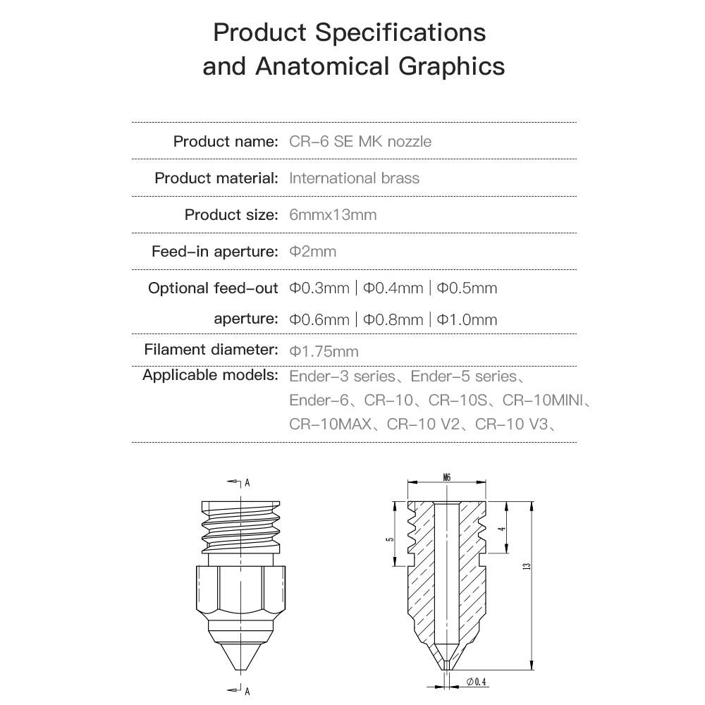 Original Creality 12pcs Extruder Brass Nozzle MK Thread Printer Head 0.4mm Output for Creality CR-6 SE 3D Printer 1.75mm Filament