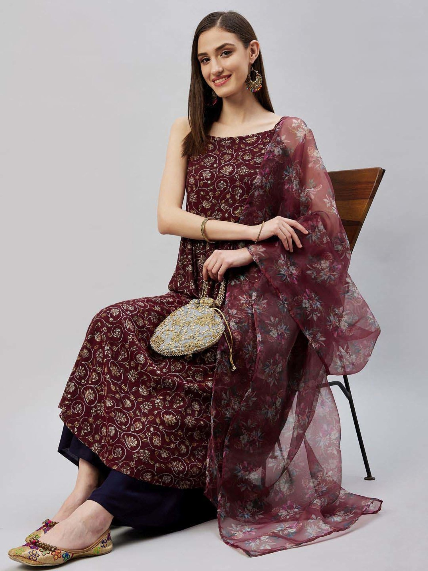 Inweave Wine Floral Print Dupatta