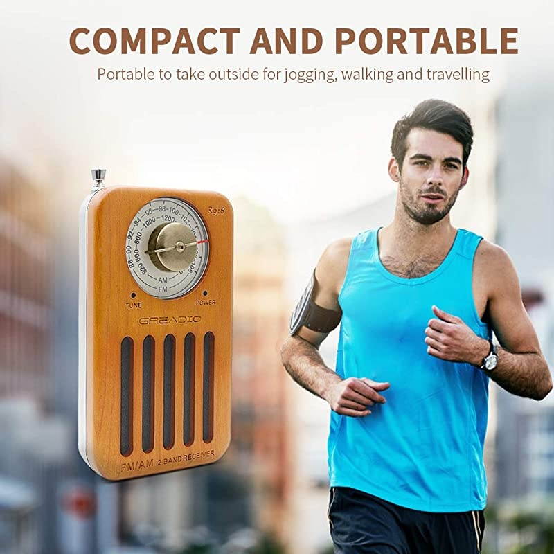 Portable Radio Pocket Retro Cherry Wood Radio with Headphone Jack Best Reception Battery Operated Personal Transistor by 2 AA Battery for Travelling Jogging and Walking