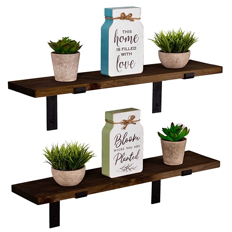Decor Rustic Wood Floating Shelves Wall Mounted Storage Shelf with L Brackets USA Handmade | Set of 2 24 x 55in Dark Walnut