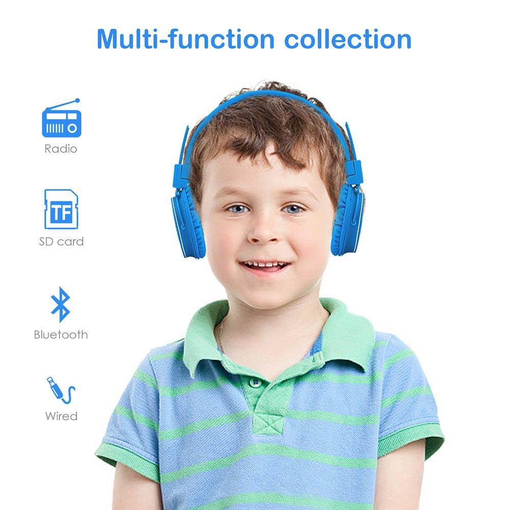 Kids Bluetooth Headphones Foldable Volume Limiting Wireless/Wired Stereo On Ear HD Headset with SD Card FM Radio in-line Volume Control Microphone for Children Adults (Blue)