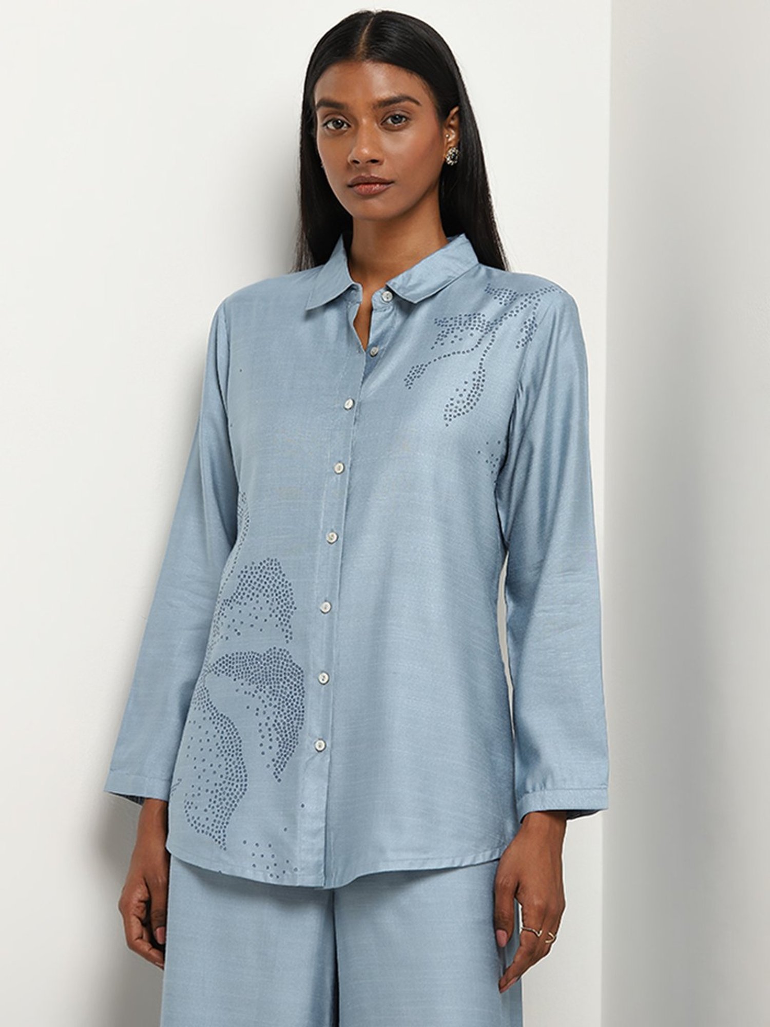 Zuba by Westside Dusty Blue Flower Design Straight Tunic