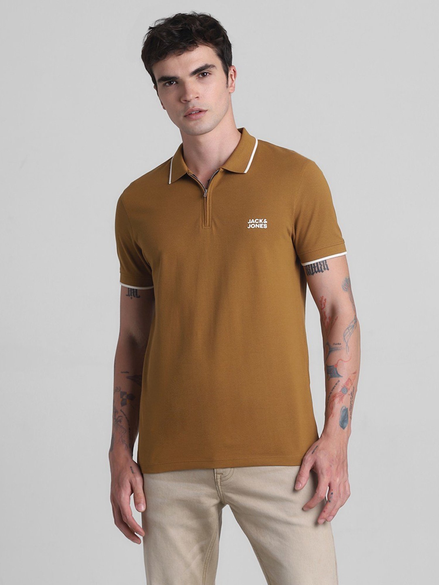 Jack & Jones Bronze Brown Cotton Slim Fit Polo T-Shirt