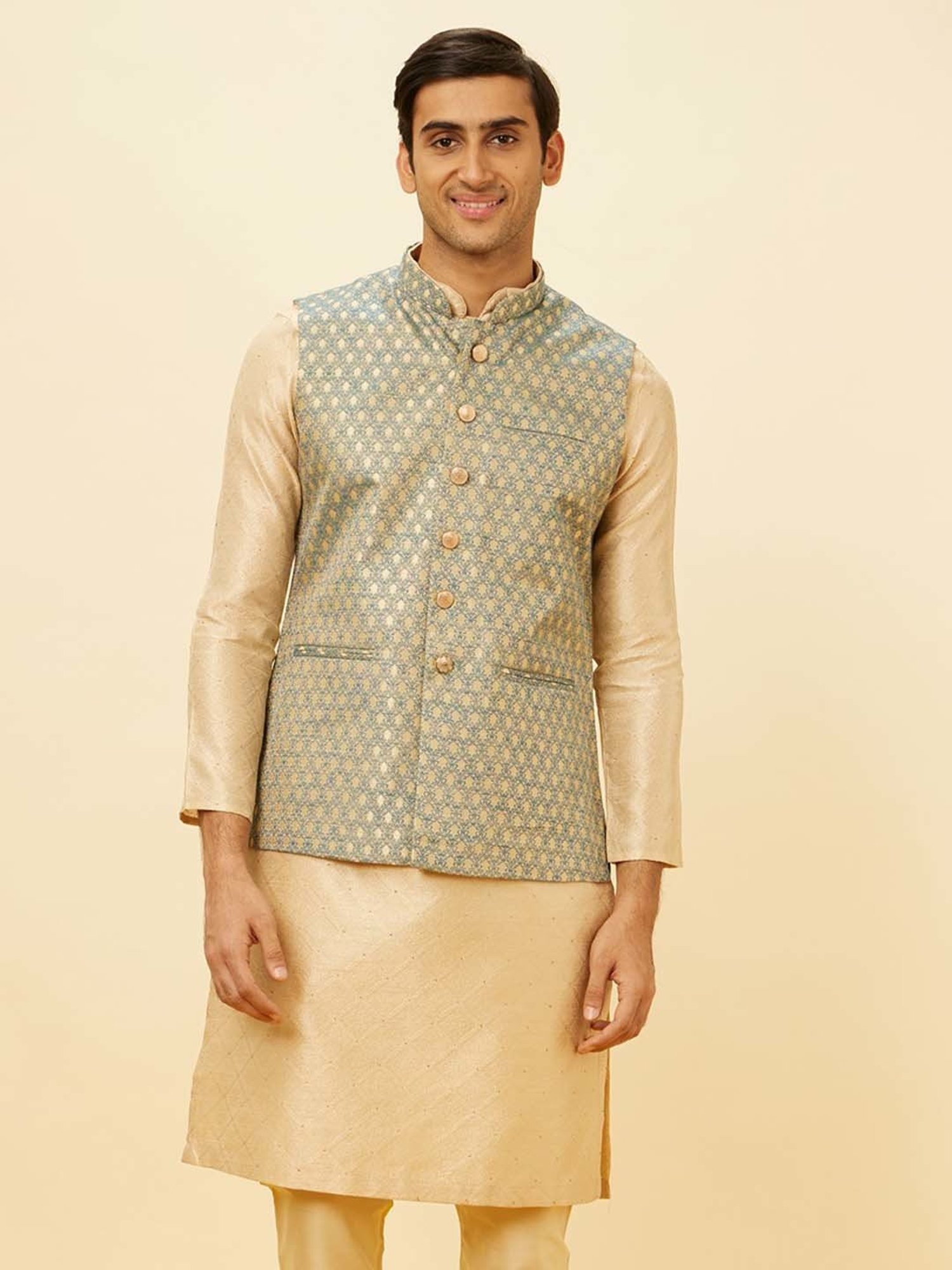 Manyavar Blue Regular Fit Self Design Nehru Jacket