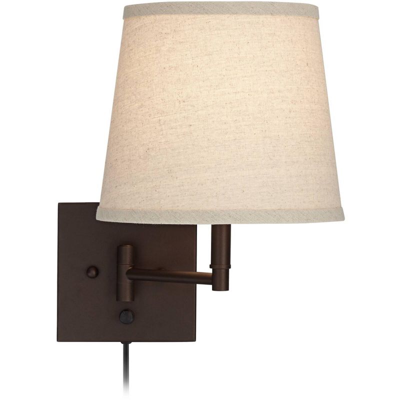 Barnes and Ivy Modern Swing Arm Wall Lamp Antique Brass Plug-In Light Fixture Taupe Fabric Bell Shade Bedroom Living Room Reading
