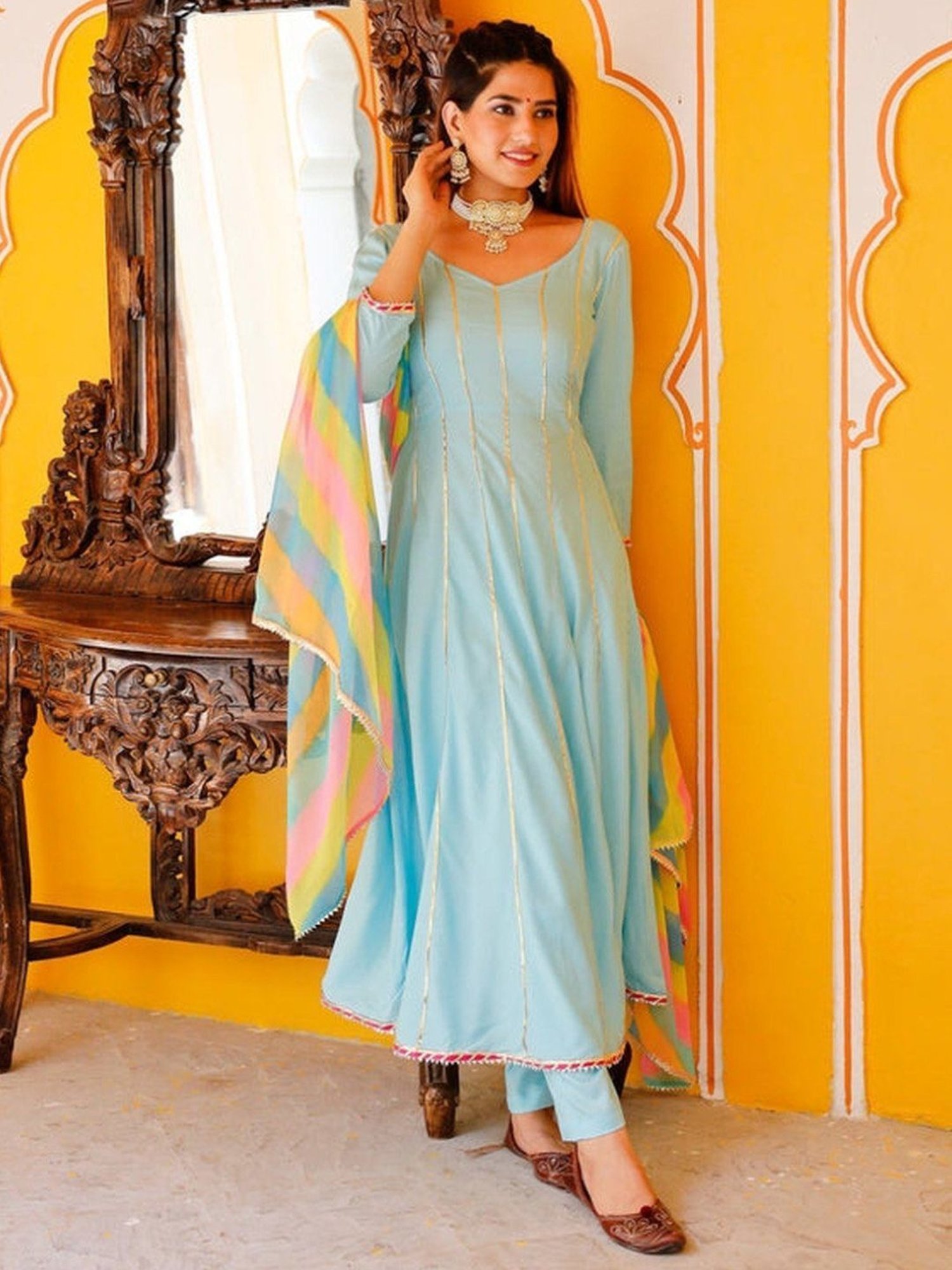 Thread and Button Aqua Blue Heavy Gotta Kurta with Pant and Dupatta
