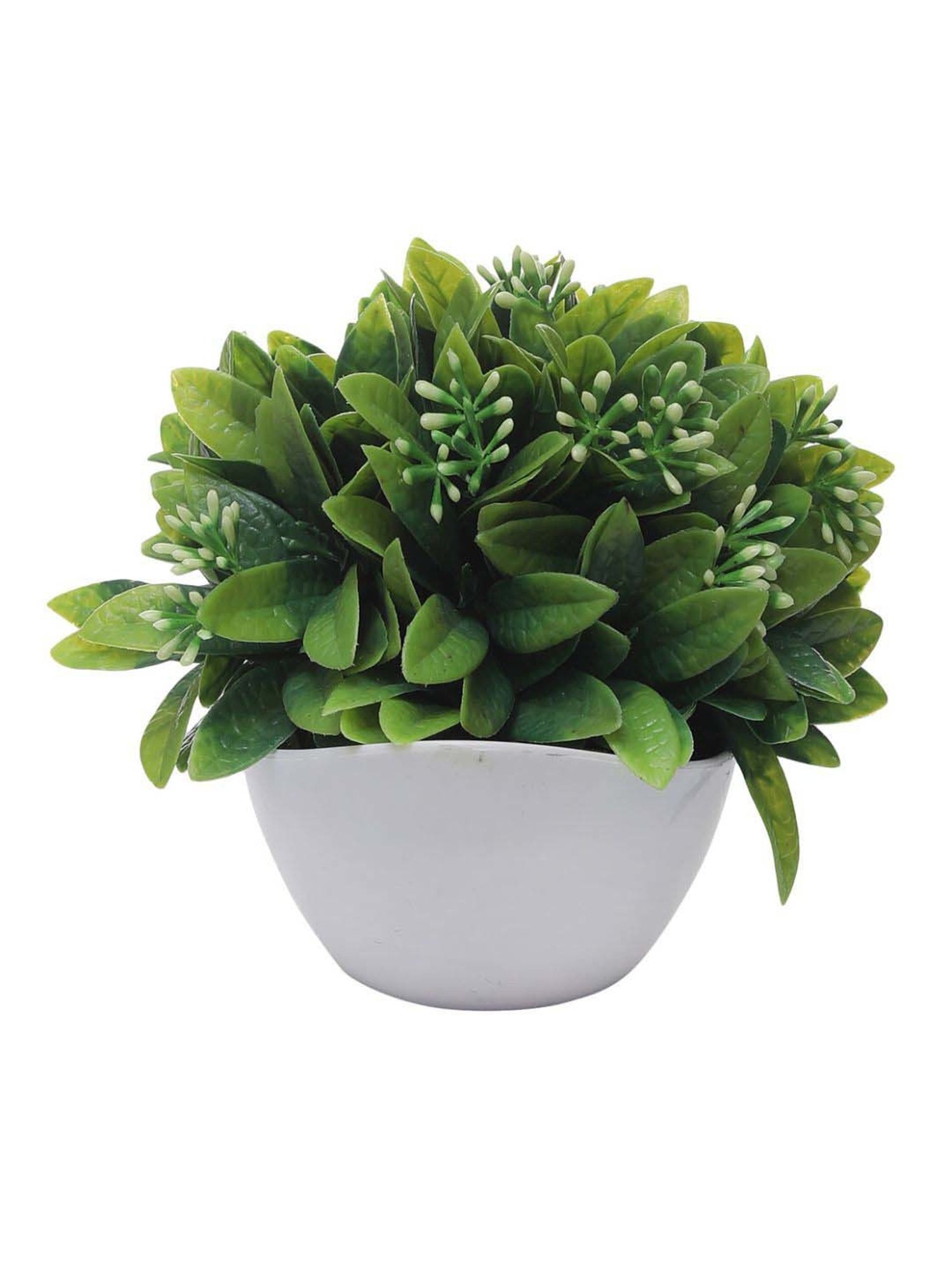 Foliyaj Green & White Plastic Artificial Plant With Leaves And Flowers