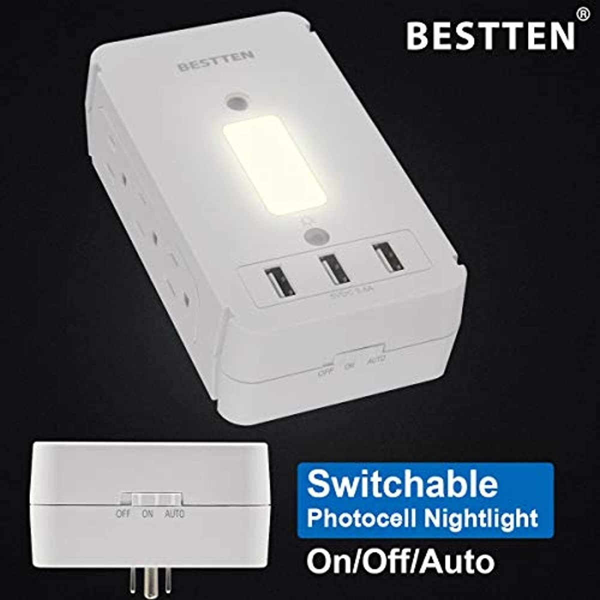 BESTTEN Surge Protector USB Wall Outlet with Shelf, 3 USB Charging Ports (5V/3.4A), 6 Side Outlet, LED Night Light, 1020 Joule Surge Rating and Removable Top Shelf, FCC and SGS Certified