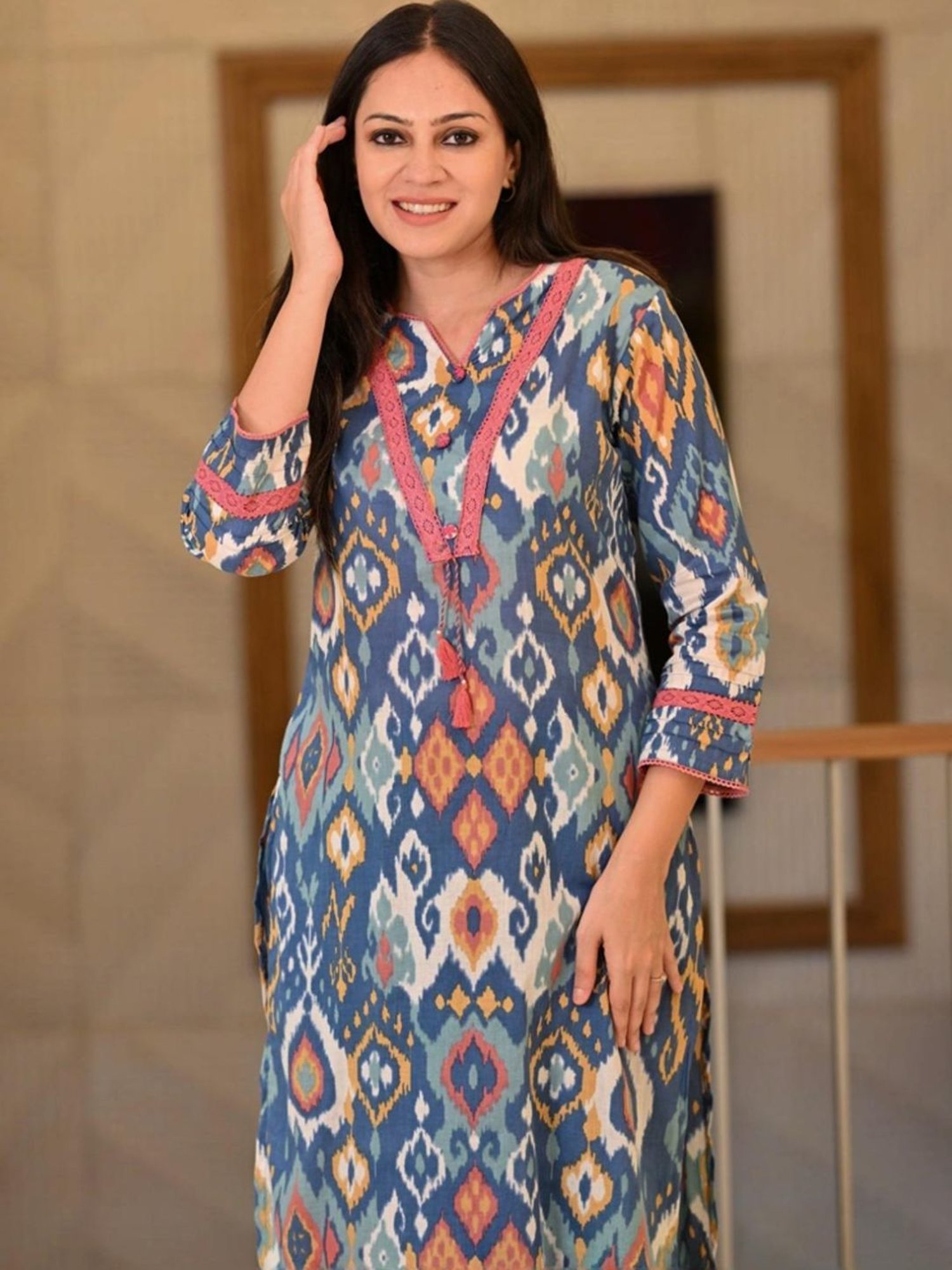 Mahee Jaipur Aegean Blue Ikkat Print Super Soft Cotton Kurta and Pant