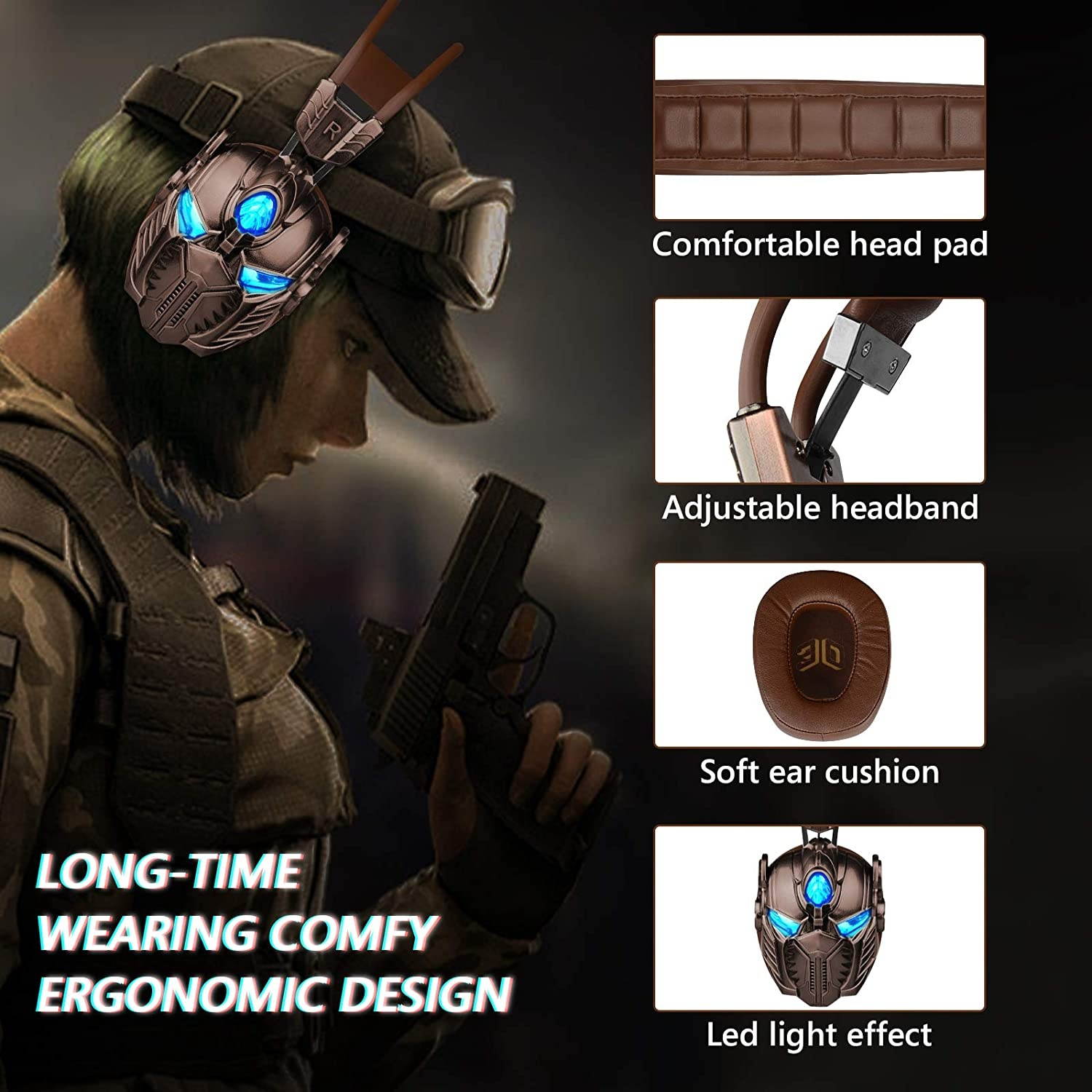 Geekria Gaming Headphones for Xbox One, PS4, PC, Controller, Noise Cancelling Over-Ear Headphones with Mic, LED Light Bass 7.1 Surround Soft Memory Earmuffs Robot Appearance Gaming Headset