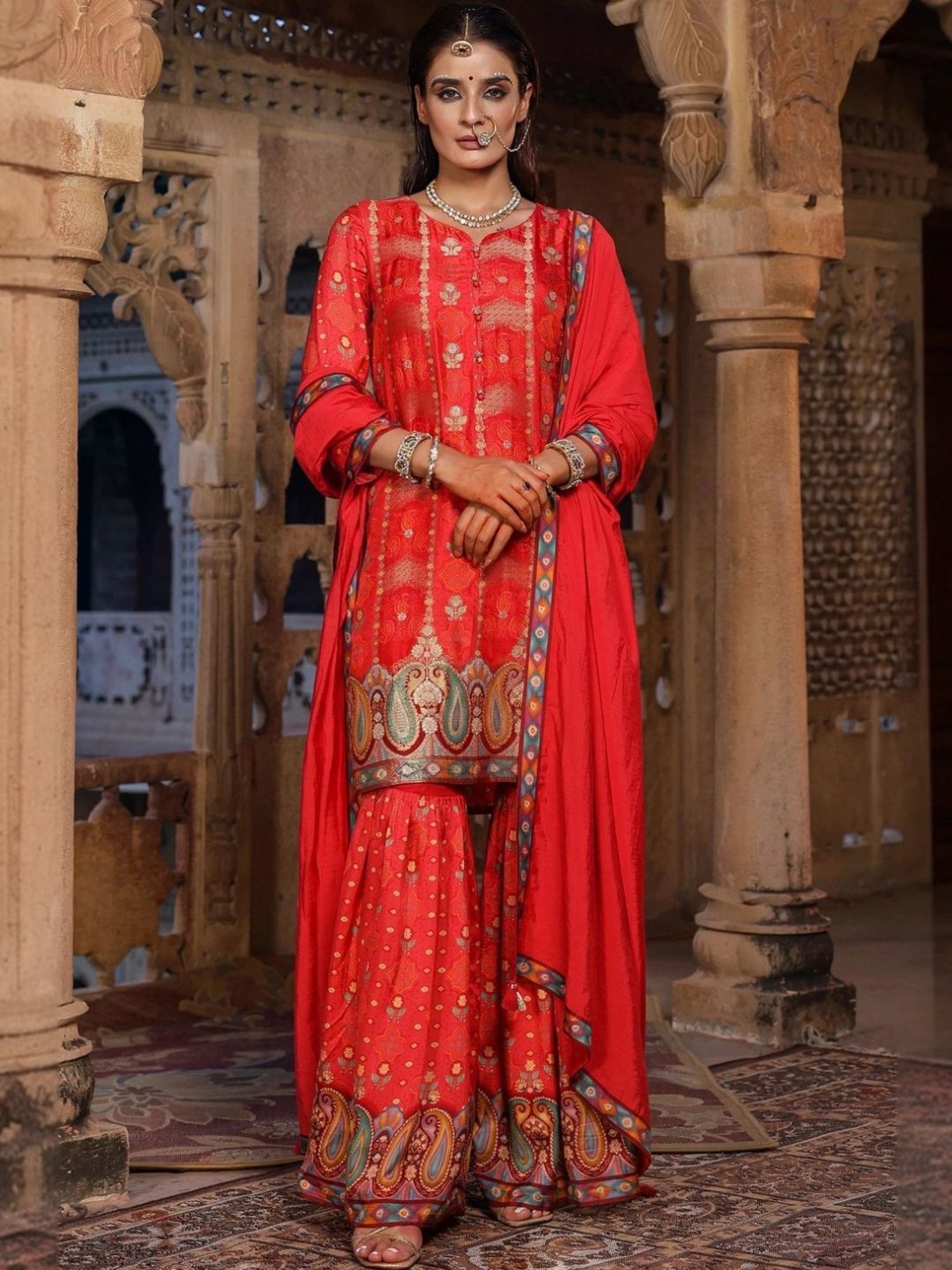 Scakhi Red Dola Silk Jacquard Sharara Set Tunic With Sharara And Dupatta