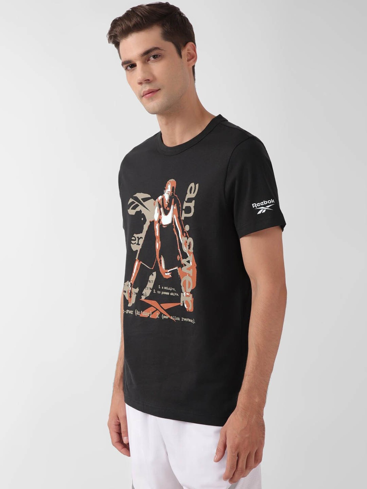 Reebok Black Cotton Regular Fit Printed Sports T-Shirt