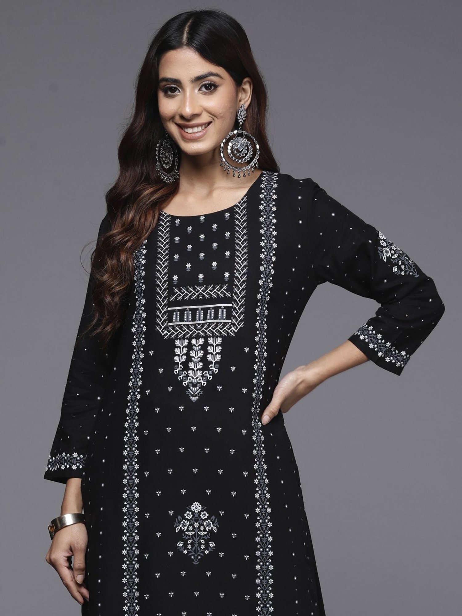 Indo Era Black Printed Straight Kurta