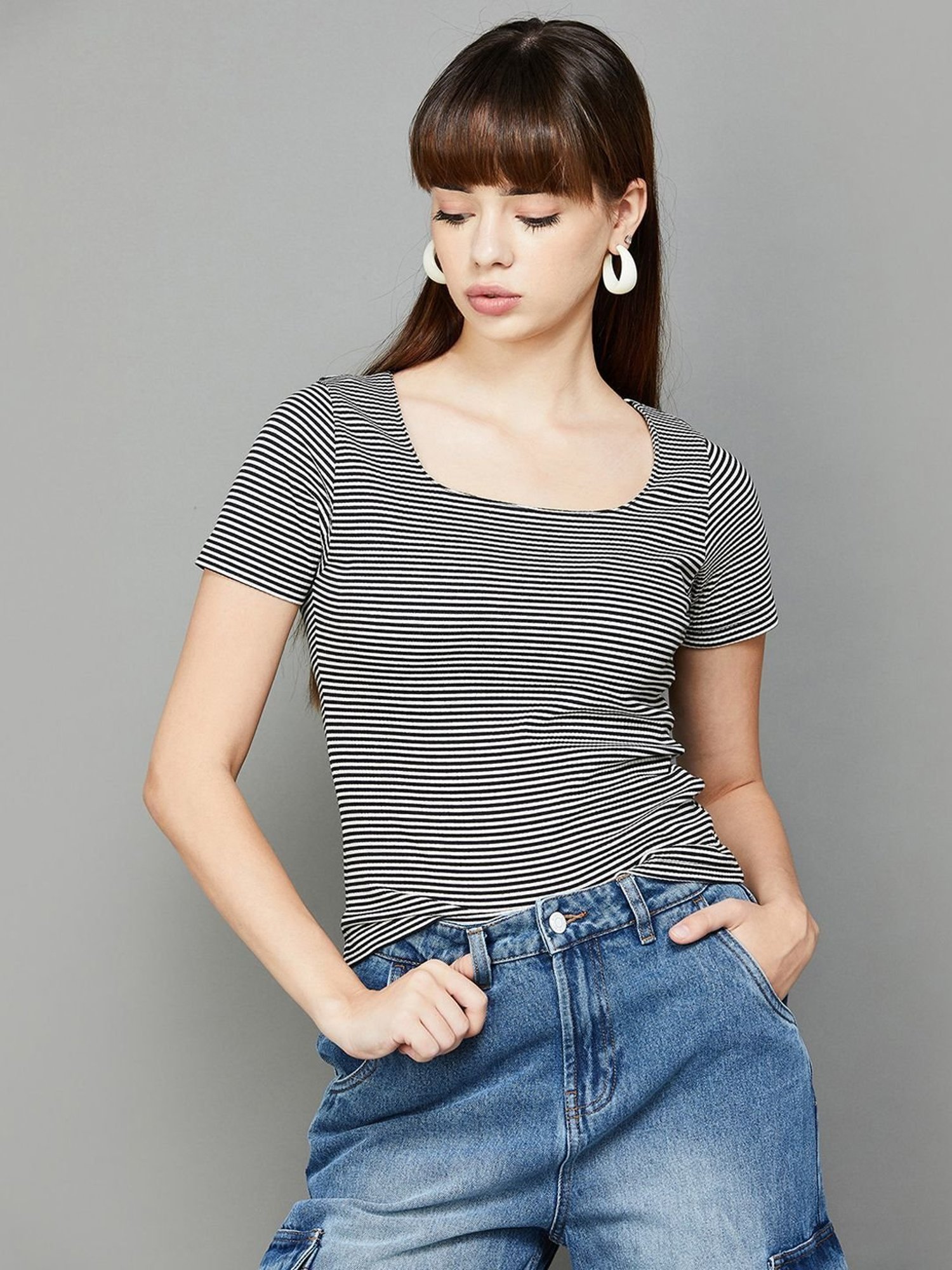 Ginger by Lifestyle White & Black Cotton Striped Top