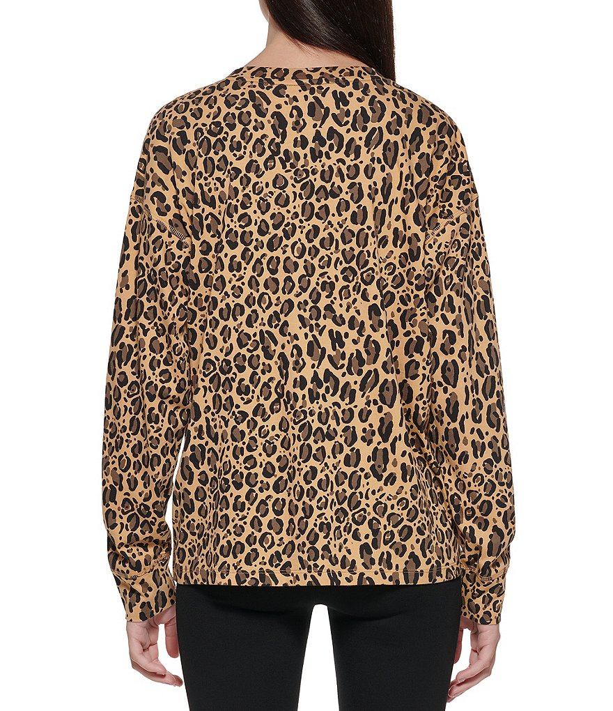 DKNY Sport Long Sleeve Leopard Print Crew Neck Logo Tee