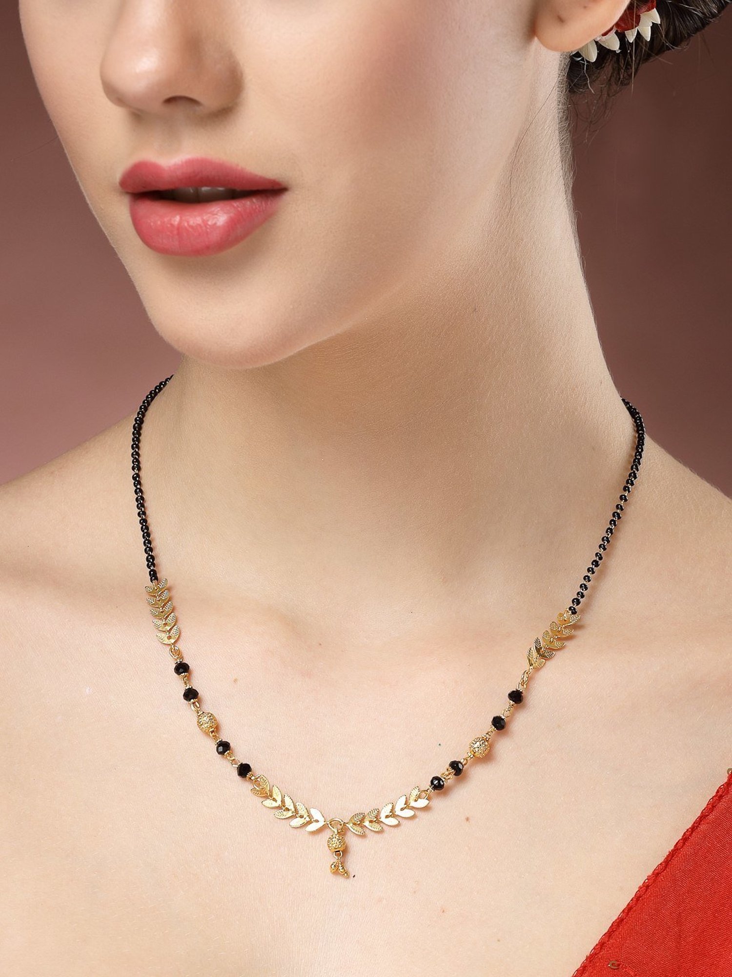 Abdesigns Gold-Plated American Diamond & Black Beaded Mangalsutra