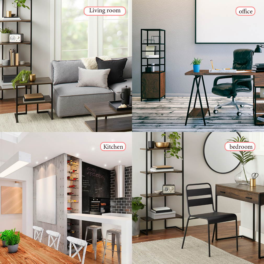 4-Shelf Bookcase Open Wall Mount Ladder Bookshelf with Industrial Metal Frame For Home Office Study, 60-inch