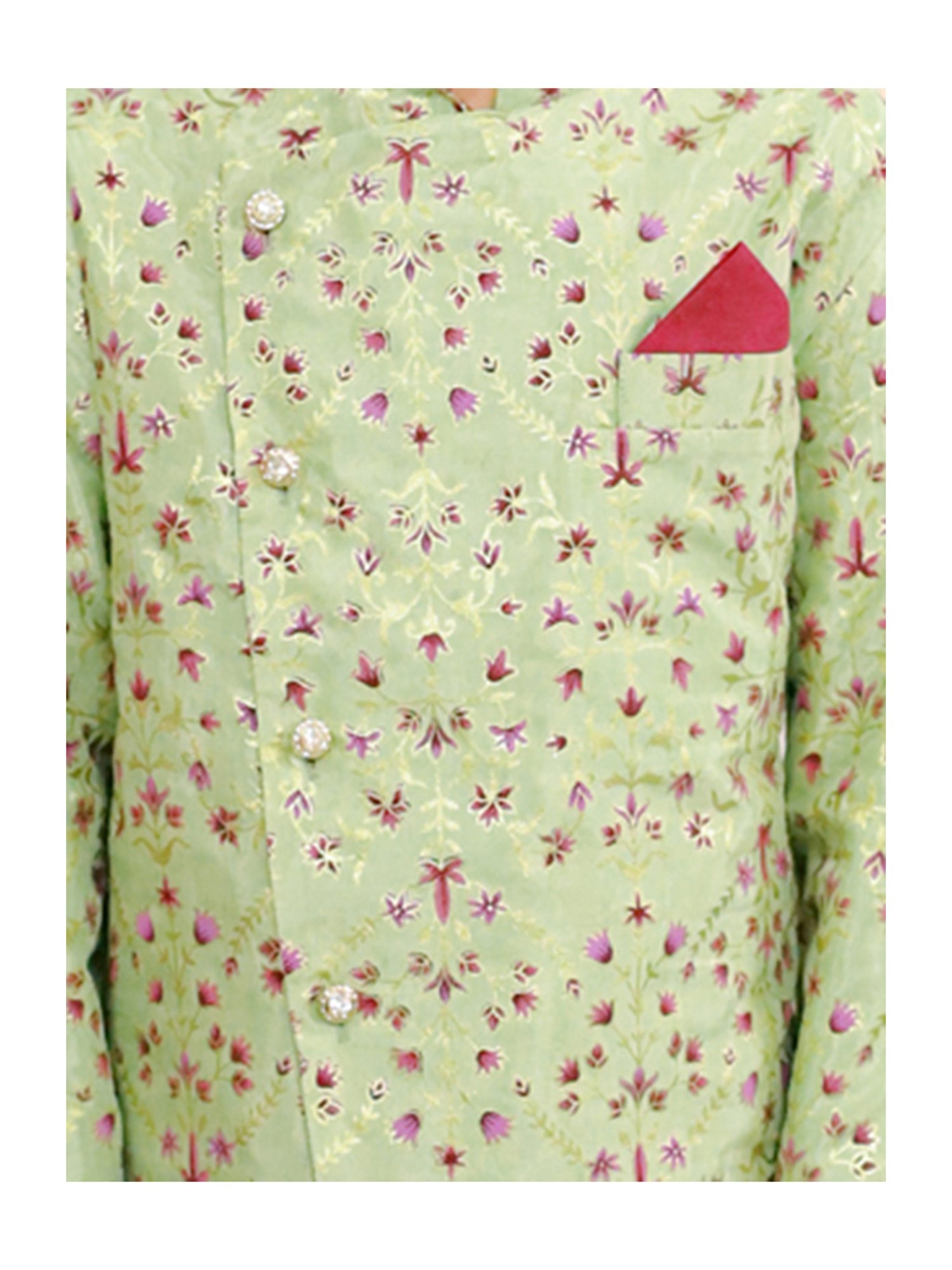 Lil Drama Kids Light Green & Maroon Floral Print Full Sleeves Kurta with Pyjamas