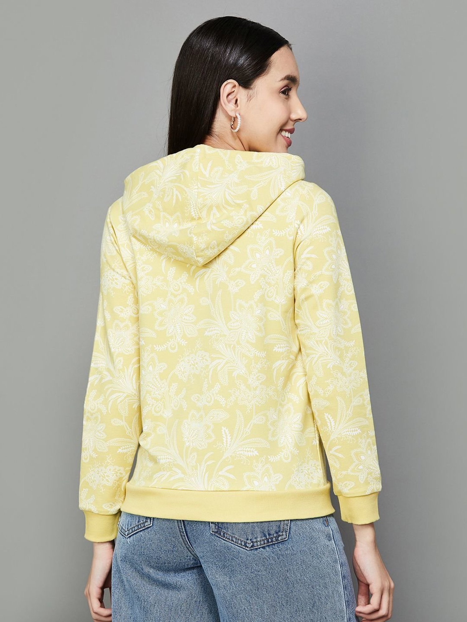 Colour Me by Melange Yellow Cotton Floral Print Hoodie