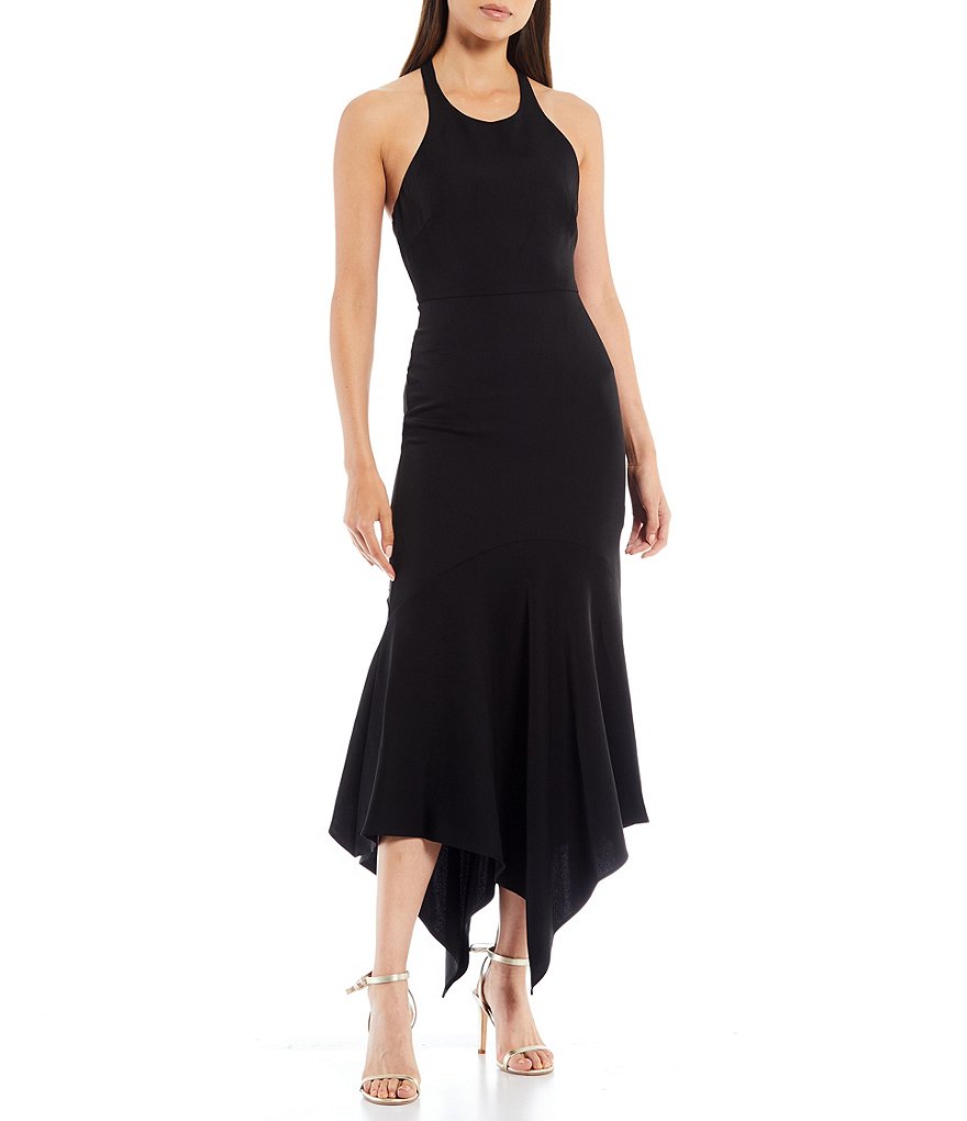 Belle Badgley Mischka Elynne Asymmetrical Hem Tie Halter Dress