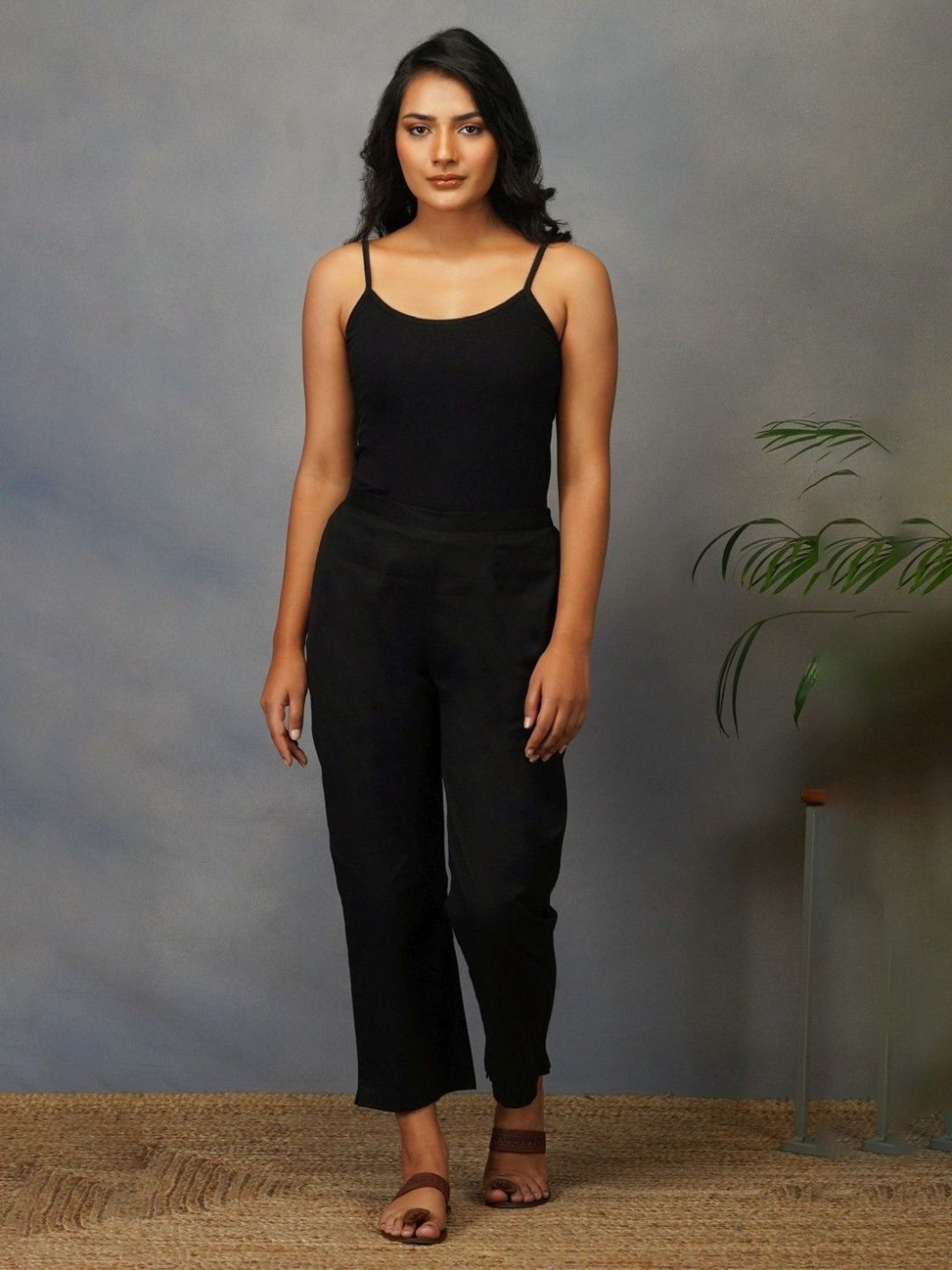 Akiso Bakhair Black Cotton Flex Straight Pants