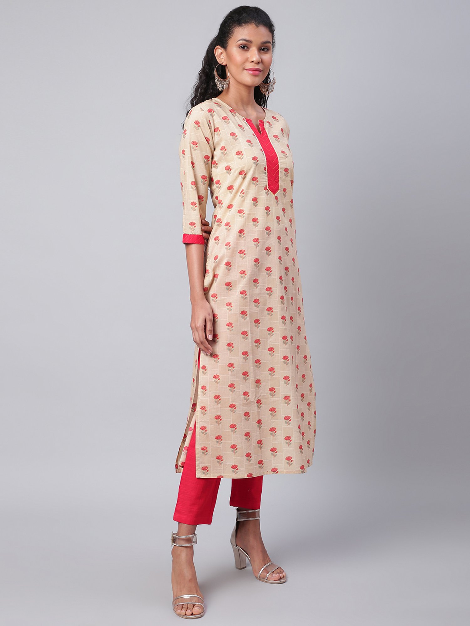 Sringam Beige & Pink Cotton Printed Kurta Pant Set