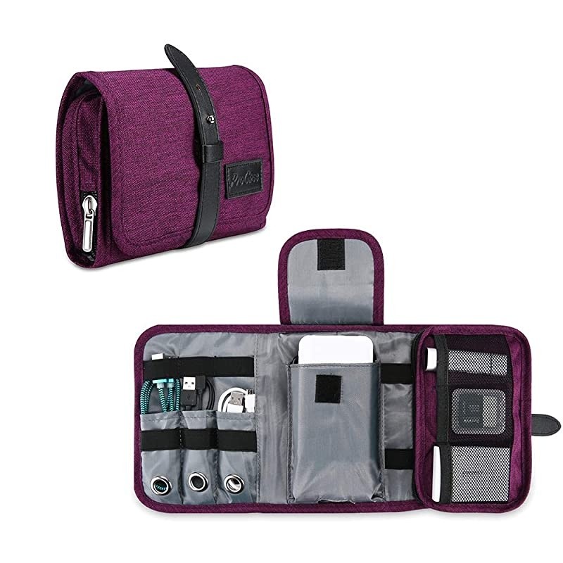 Travel Gadgets Organizer Bag, Universal Electronic Accessories Cable Roll-Up Pouch Portable Gear Storage Carrying Cover for Cords SD Memory Cards Earphone Hard Drive &ndash;Purple