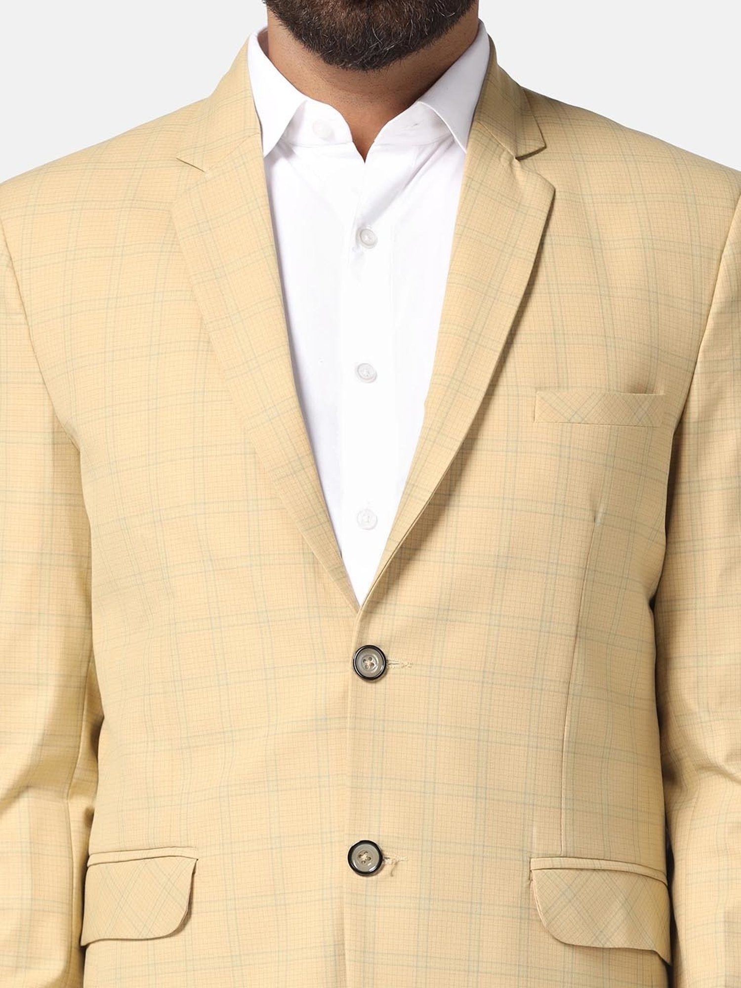 TAHVO Beige Slim Fit Check Notch Lapel Blazer