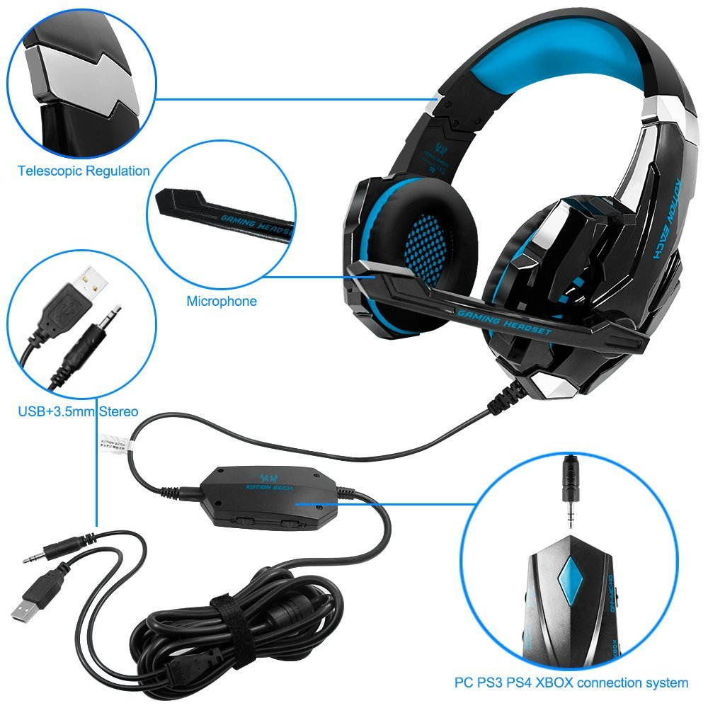 KOTION EACH GS900 XBOX 360 PS3 PS4 PC Gaming Headset AFUNTA Over Ear New Xbox One Headphone for Computer Laptop Laptop Smartphones With Mic-Black/Blue