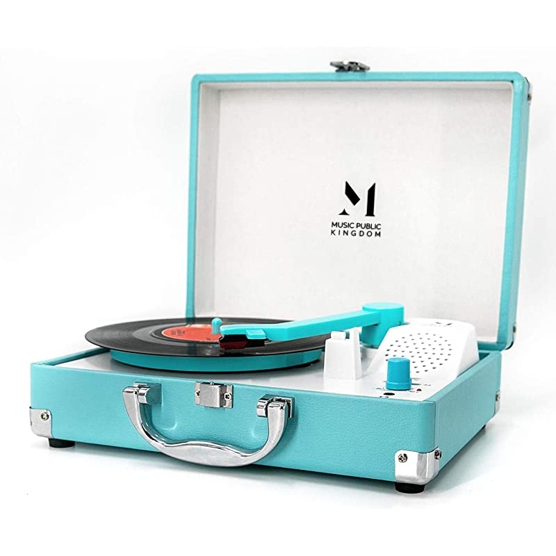 Player, Portable Mini Suitcase Turntable for 7 Inch Vinyl , Belt-Drive 2-Speed Turntable with Built in Stereo Speaker (Blue)