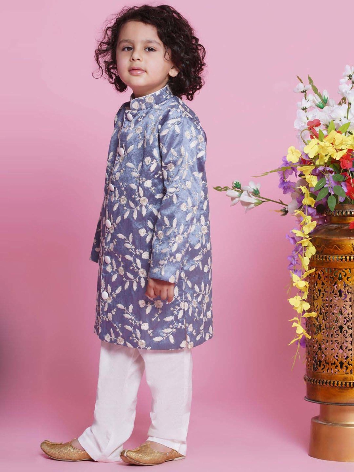 Little Bansi Boys Grey & White Embroidery Full Sleeves Kurta Set