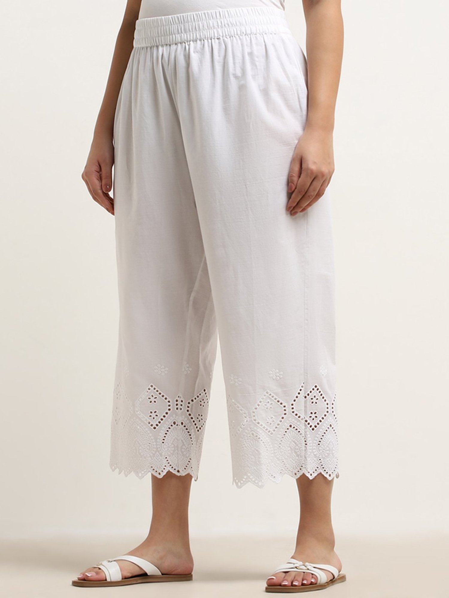 Diza by Westside White Schiffli Design High-Rise Cotton Palazzos