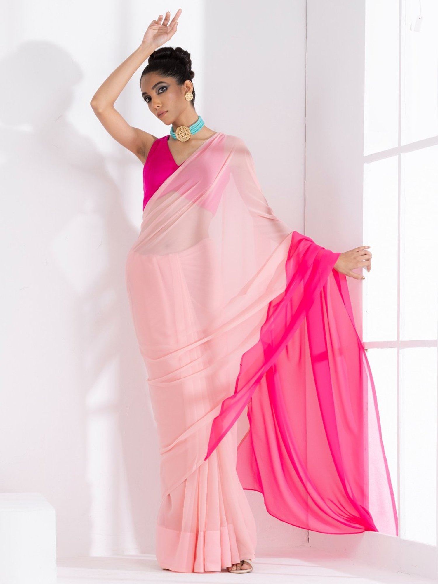 Swtantra Blush Pink Plain Saree With Unstitched Blouse