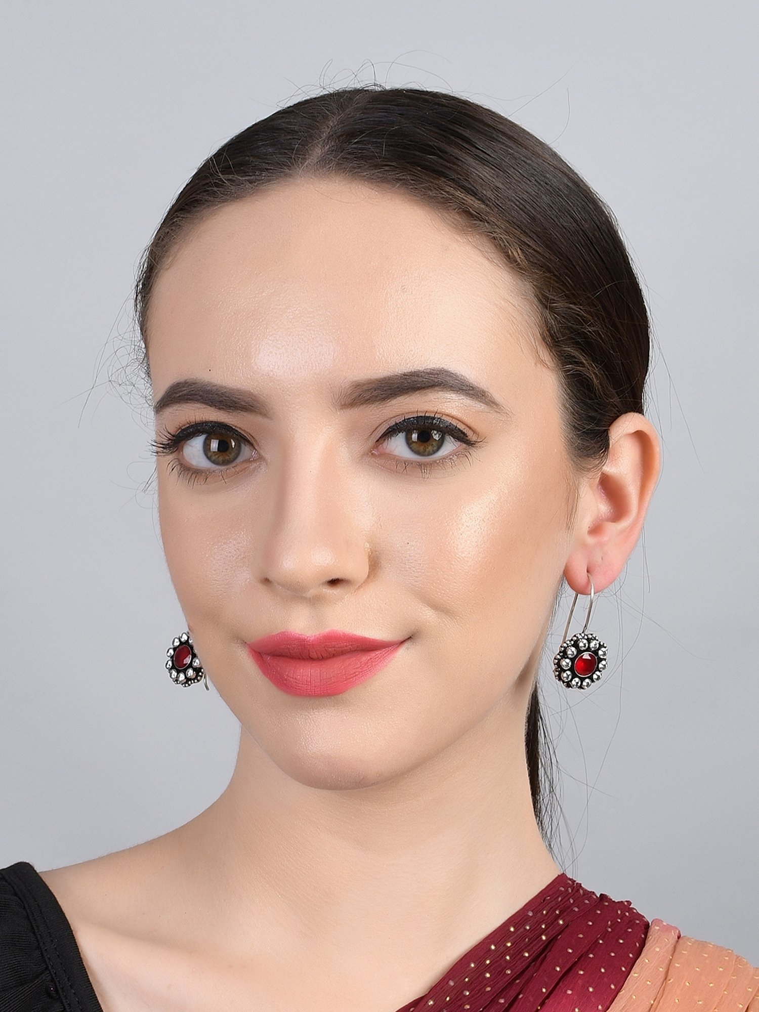 Imli Street Red Silver Tone Stone-Studded Handcrafted Drop Earrings