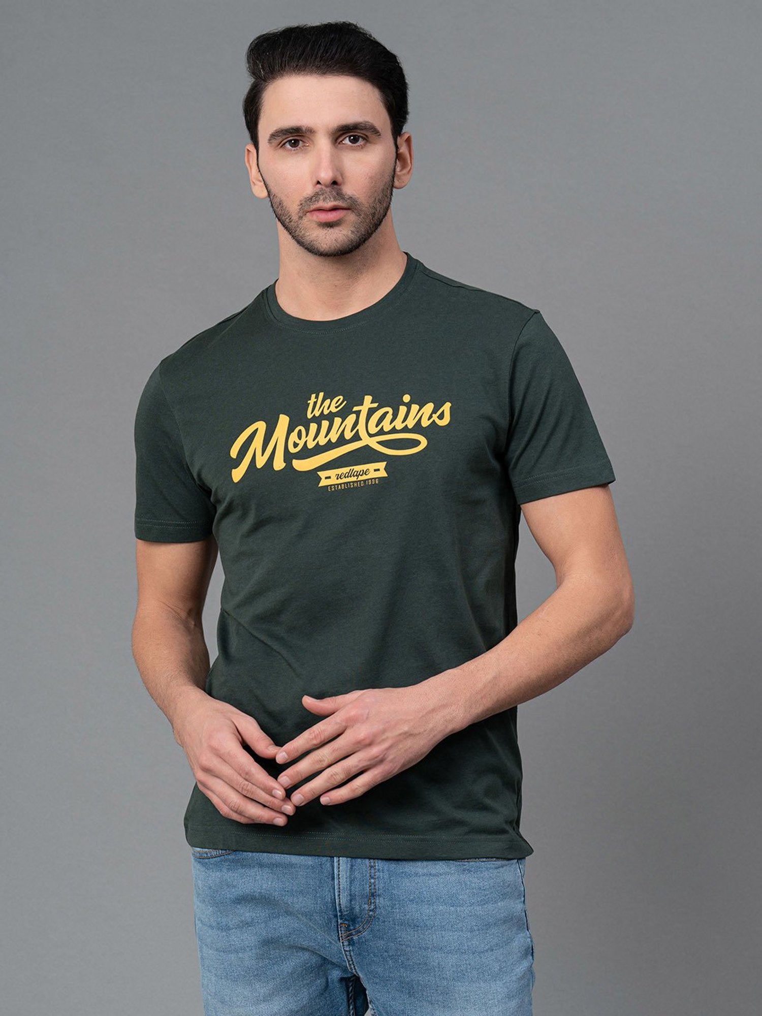 Red Tape Dark Green Regular Fit Graphic Print Cotton Crew T-Shirt