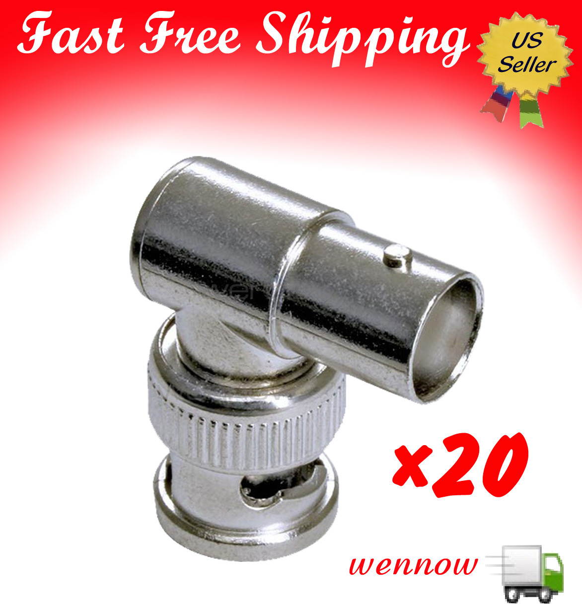 WennoW Lot 20 1 BNC Plug to 1 BNC Jack L Connector - for CCTV Camera / DVR - Silver