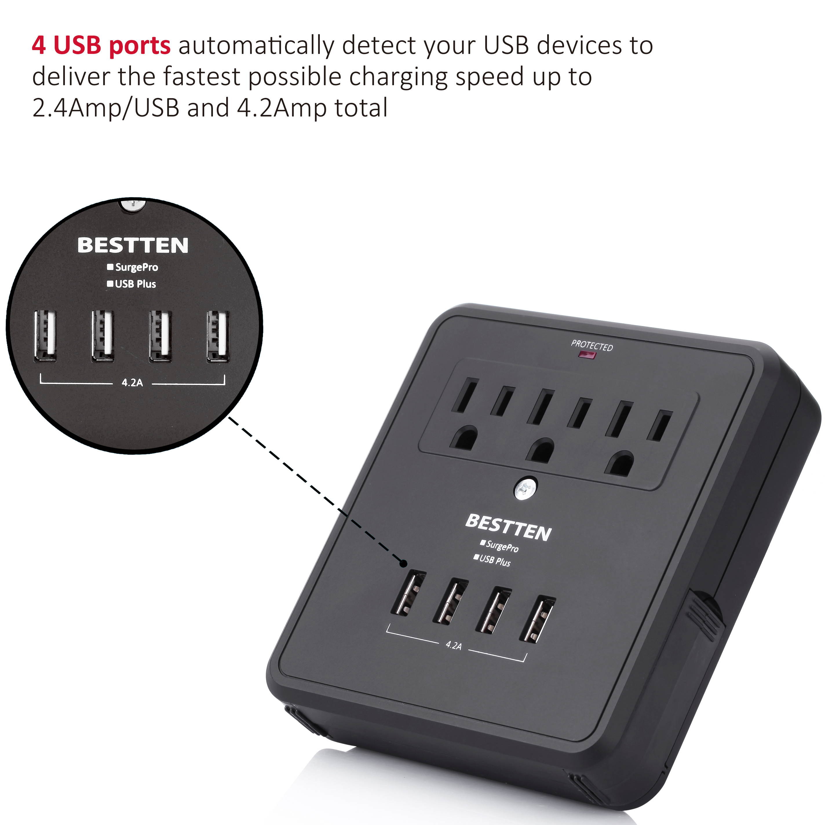 BESTTEN Multi Outlet Wall Tap Adapter Surge Protector with 4 USB Charging Ports (4.2A Total), 3 Outlet Multipliers and 2 Slide-Out Phone Holders, 15A/125V/1875W, ETL Certified, Black