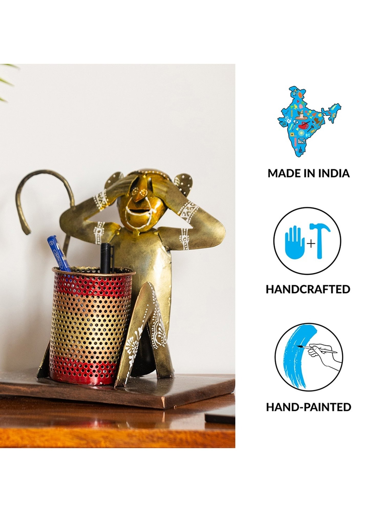 ExclusiveLane Gold Sheet Metal Monkey Mischiefs Hand-Painted Pen Stand