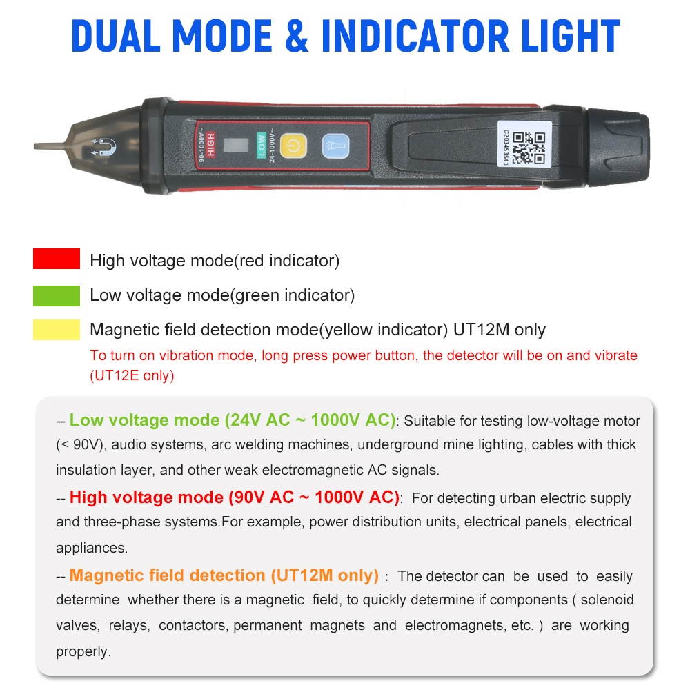 UNI-T UT12M AC Voltage Detector Meter 24V-1000V Non-Contact Portable Tester Pen Socket Volt Current Electric Test Pencil with Sound and Light Alarm and LED Flashlight