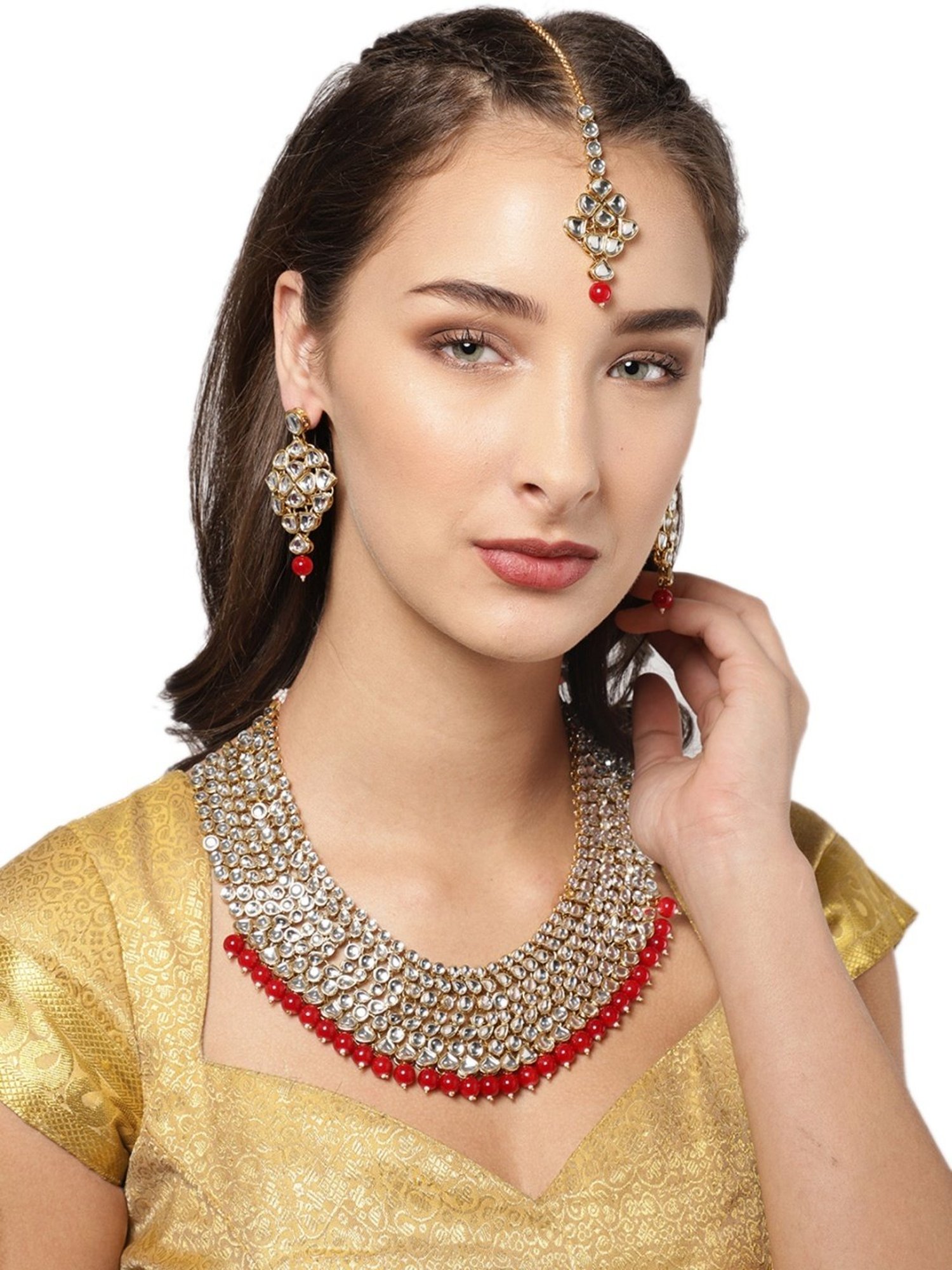 Zaveri Pearls Red & Clear Alloy Necklace Set