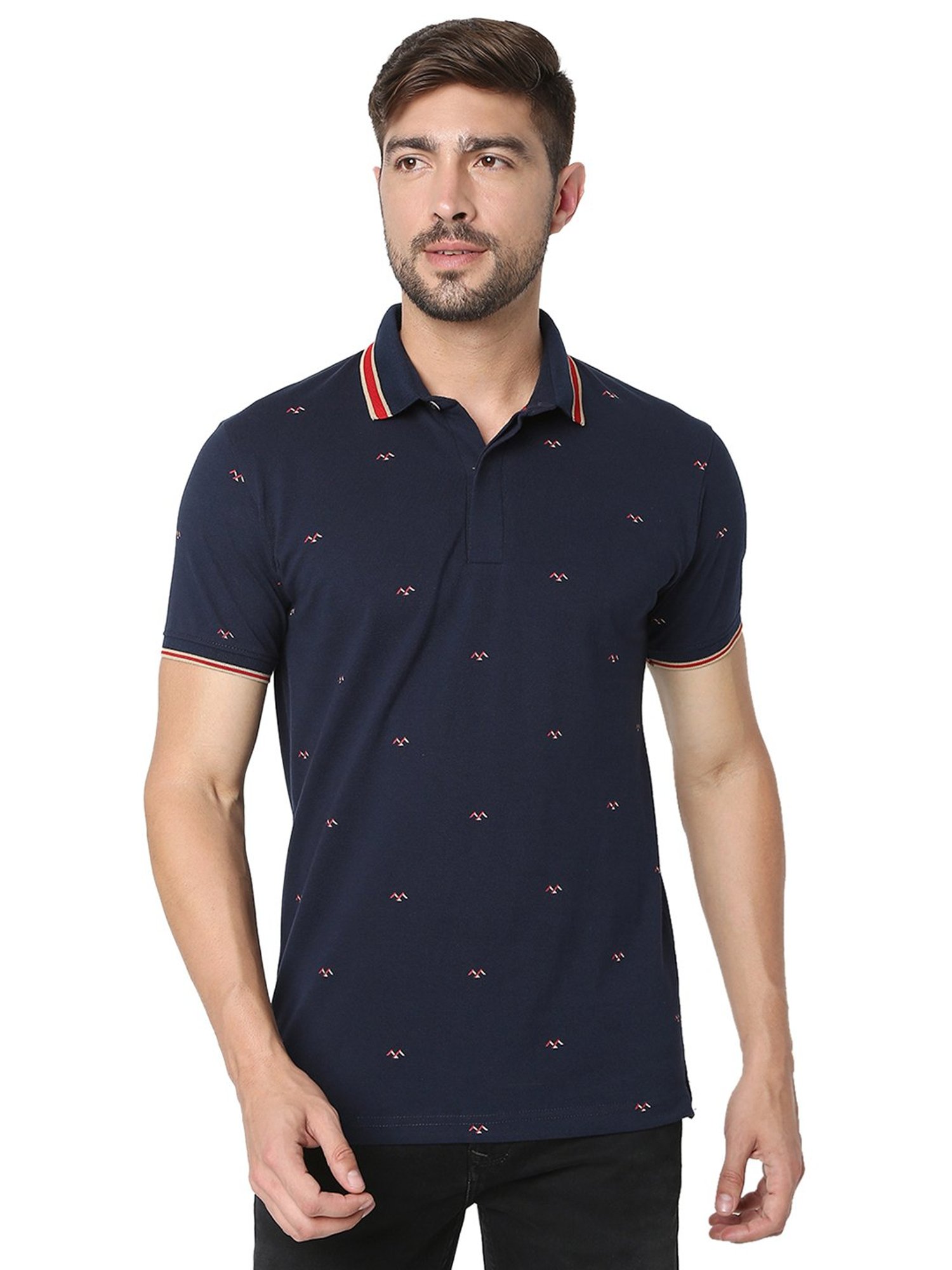 Mufti Navy Slim Fit Printed Cotton Polo T-Shirt