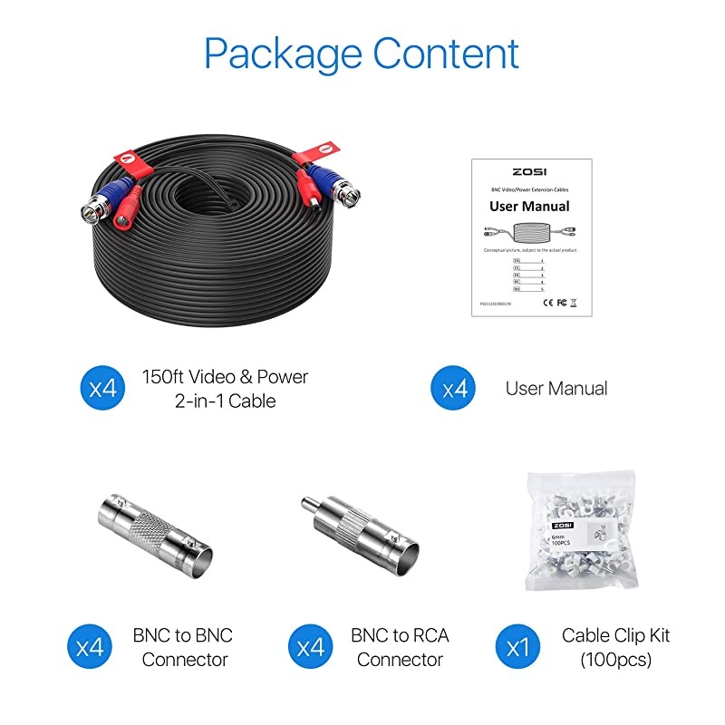 4 Pack 150ft (45 Meters) All-in-One Video Power Cable, BNC Extension Surveillance Camera Cables for Video Security DVR Camera Systems (Included 4X BNC Connectors and 4X RCA Adapters)-Black Color