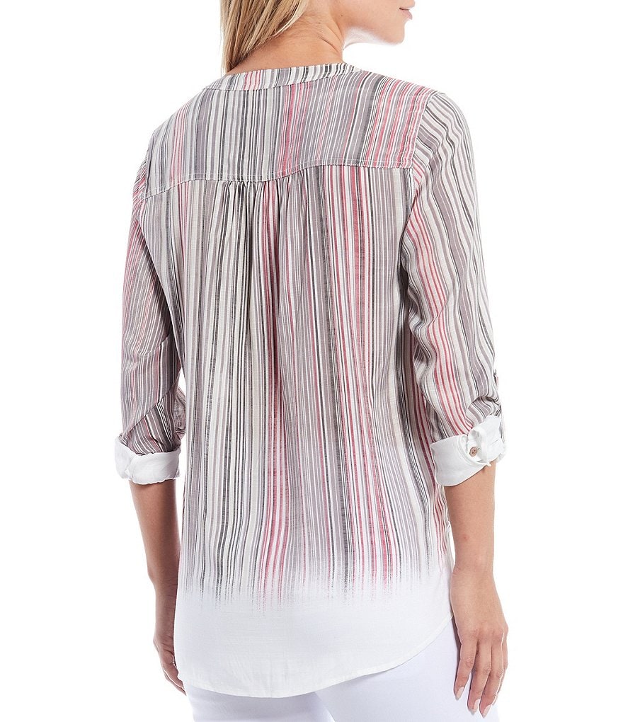 Multiples Ombre Stripe Print Texture Woven Band Notch Neck Roll-Tab Sleeve Button Down Tie-Front Top